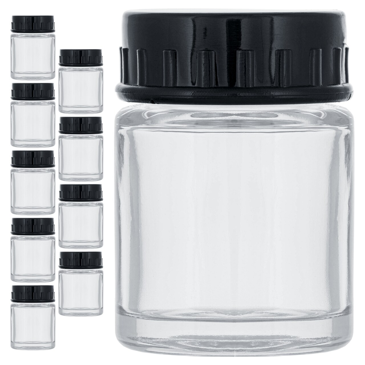 10 Pack TB-001 Empty 3/4 Ounce (22cc) Glass Jar Bottles with Plastic Lids, Paint Storage Bottles, Jars Screw Into Siphon Feed Airbrush Lid Assemblies